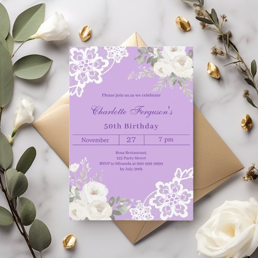 Invitation Lavande blanche roses dentelle anniversaire