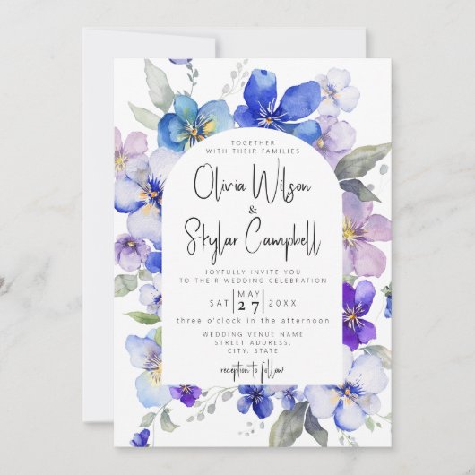 Invitation Lavande Bleu Arc Floral QR Code Tout en 1 Mariage (Devant)