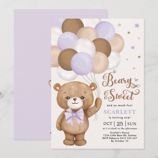 Invitation Lavande Brown Ours en Teddy avec Ballons Anniversa (Devant / Derrière)