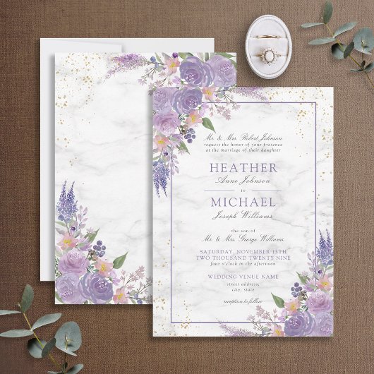 Invitation Lavande classique Lilac Marbre or Floral Mariage