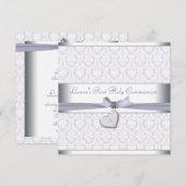 Invitation Lavande Damask Cross Girls Purple First Communion (Devant / Derrière)