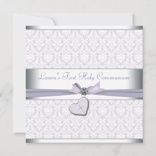 Invitation Lavande Damask Cross Girls Purple First Communion (Devant)