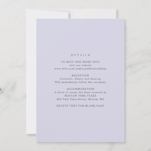 Invitation Lavande d'aquarelle romantique avec détails Mariag (Dos)