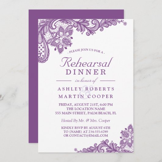 Invitation Lavande de dentelle violet | Dîner de répétition M (Devant / Derrière)
