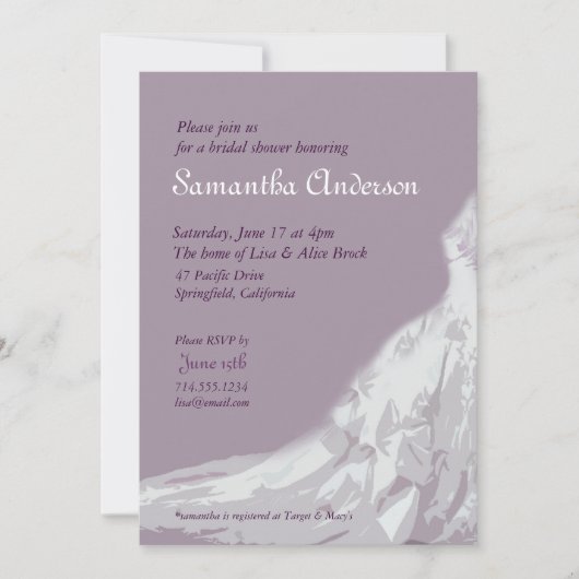 Invitation Lavande de Fête de la mariée : robe de mariée (Devant)