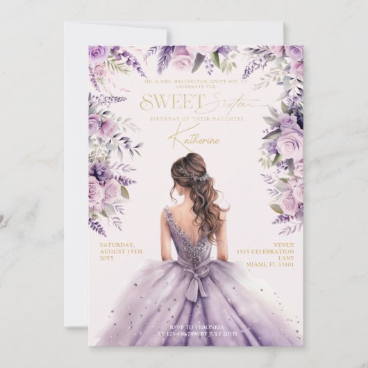 Invitation Lavande Douce 16 Seize Robe Violette Florale (Devant)