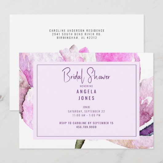 Invitation Lavande et aquarelle rose Floral (Devant / Derrière)