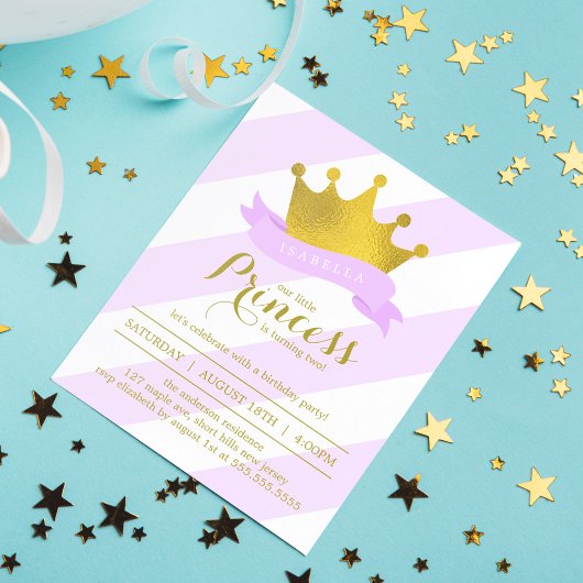 Invitation Lavande et Gold Princess Anniversaire