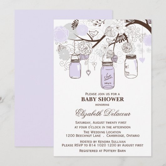 Invitation Lavande et Gris Mason Jarres Baby shower Invitatio (Devant / Derrière)
