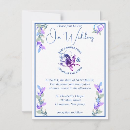 Invitation Lavande et Mariage floral de la teinte bleue (Devant)