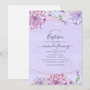 Invitation Lavande et Or Floral Géométrique Baptême