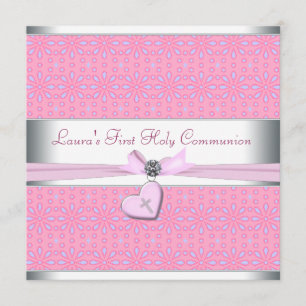Invitation Lavande et Rose Coeur Rose Croix Première Communio
