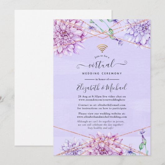 Invitation Lavande et Rose Gold Floral Mariage virtuel (Devant / Derrière)