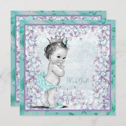 Invitation Lavande et Turquoise Bleu Bébé Fille Douche (Devant / Derrière)