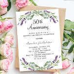 Invitation Lavande fleurit luxe 50e anniversaire mariage<br><div class="desc">Un arrière - plan blanc décoré de fleurs de lavande et de verdure d'eucalyptus. Personnalisez et vos noms et détails.</div>