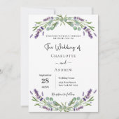 Invitation Lavande fleurit vert code QR RSVP mariage (Devant)