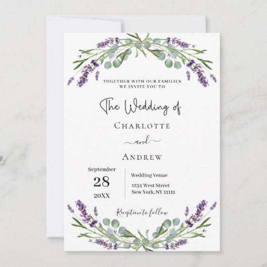 Invitation Lavande fleurit vert code QR RSVP mariage (Devant)