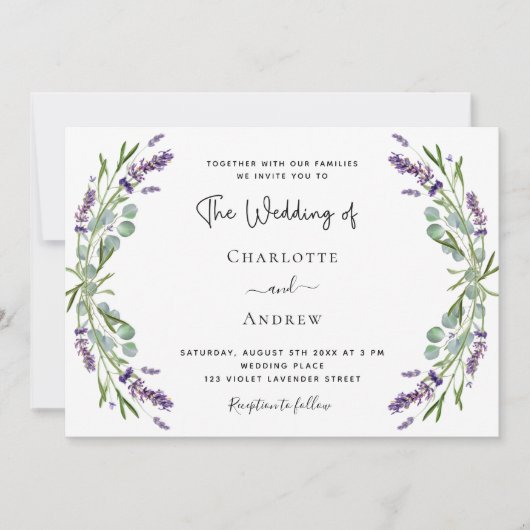 Invitation Lavande fleurit vert code QR RSVP mariage (Devant)