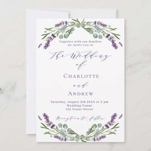 Invitation Lavande fleurit vert violet script mariage (Devant)