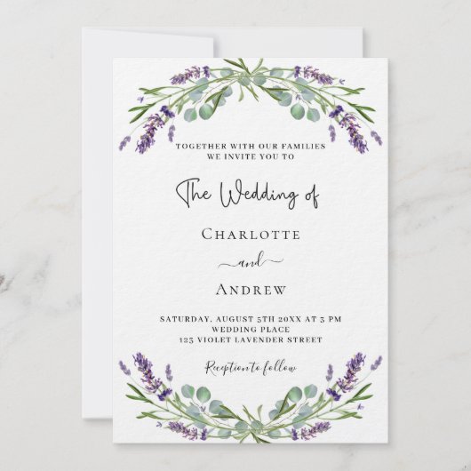 Invitation Lavande fleuron violet luxe QR RSVP mariage (Devant)