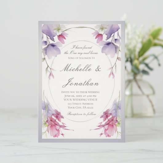 Invitation Lavande Fleurs roses Bible Mariage chrétien (Debout devant)