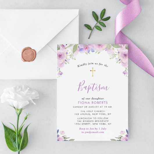 Invitation lavande fleurs violettes baptême