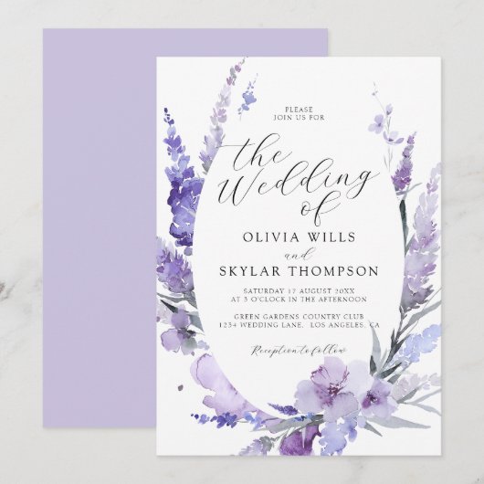 Invitation Lavande Floral Botanique Lilac Mauve Mariage (Devant / Derrière)