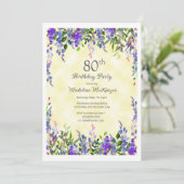 Invitation Lavande Floral Jaune 80e fête d'anniversaire (Debout devant)