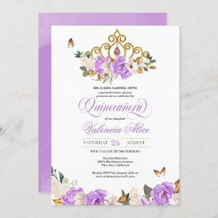 Invitation Lavande Floral Or Tiara Butterfly Quinceanera
