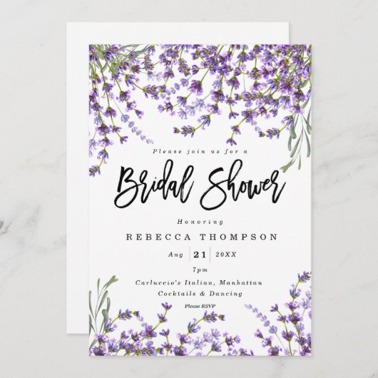 Invitation lavande florales boho douche nuptiale moderne (Devant / Derrière)