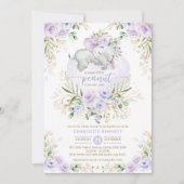Invitation Lavande Flore verdure Baby shower Eléphant Or (Devant)