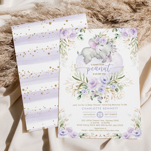 Invitation Lavande Flore verdure Baby shower Eléphant Or