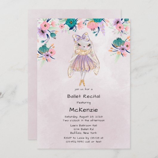 Invitation Lavande Lapin Lapin Ballerina Ballet Considérant (Devant / Derrière)