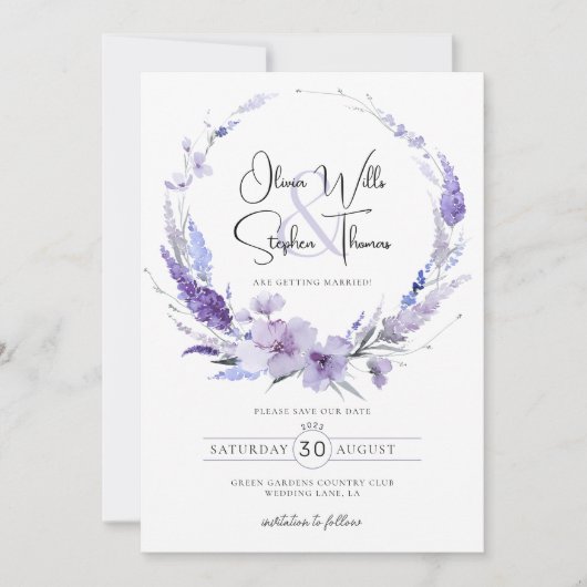 Invitation Lavande Lilac Purple Floral Boho Enregistrer La Da (Devant)
