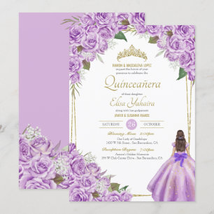 Invitation Lavande mauve Quinceanera Élégant Rose Floral
