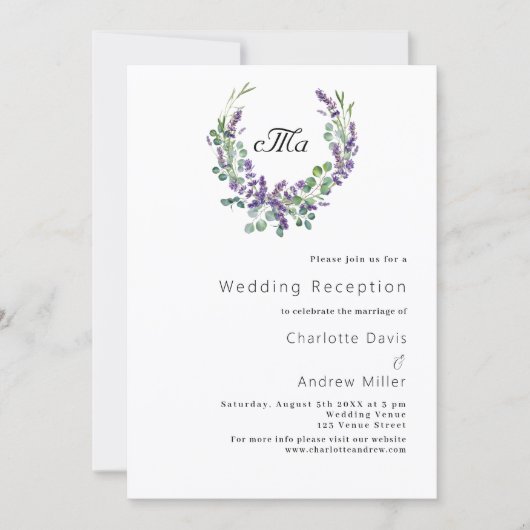 Invitation Lavande monogramme crête violet mariage réception (Devant)