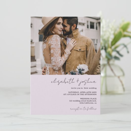 Invitation Lavande noire moderne 4 photo Qr all en 1 mariage (Debout devant)