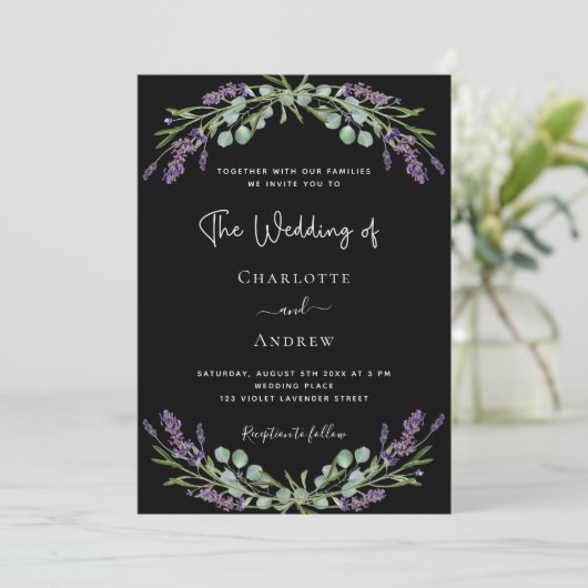 Invitation Lavande noire violet verdure mariage de luxe (Debout devant)