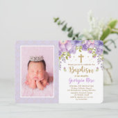 Invitation Lavande Or Floral / Baptême de fille Christening (Debout devant)