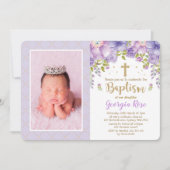 Invitation Lavande Or Floral / Baptême de fille Christening (Devant)