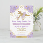 Invitation Lavande Or Floral Dinosaur Baby shower fille (Debout devant)