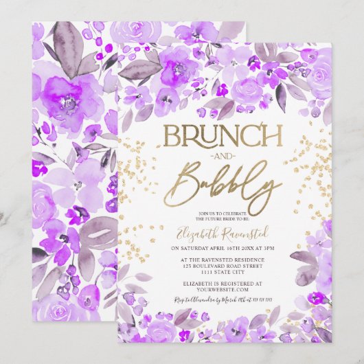 Invitation Lavande or parties scintillant florale chic douche (Devant / Derrière)