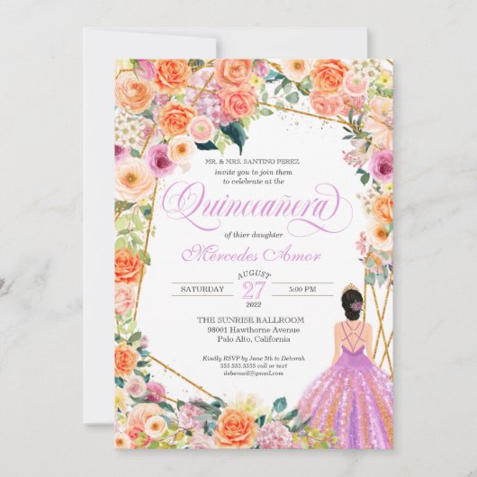 Invitation Lavande Orange Pêche Florale Roses Quinceanera (Devant)