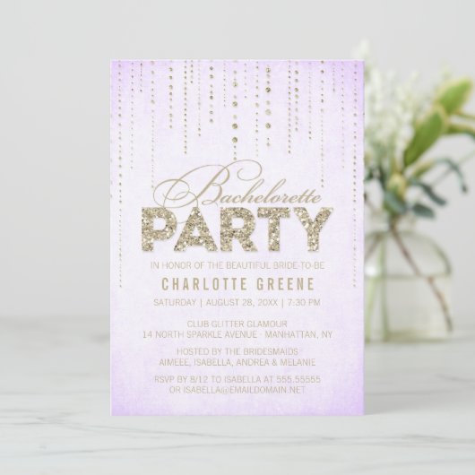 Invitation Lavande & Parties scintillant Or Look Bachelorette (Debout devant)