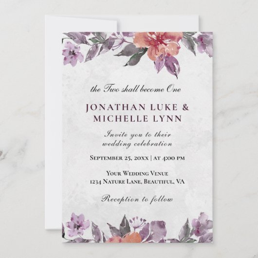 Invitation Lavande Pêche Florale Aquarelle Mariage chrétien (Devant)