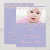 Invitation Lavande perle violette croix photo baptême (Devant / Derrière)