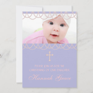 Invitation Lavande perle violette croix photo baptême