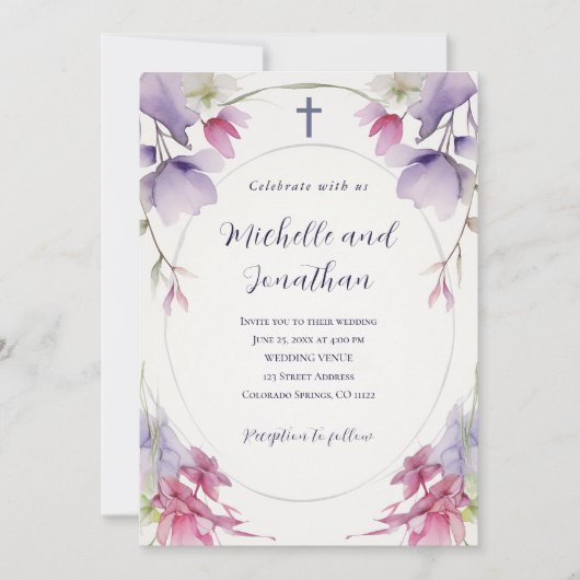 Invitation Lavande Pink Floral Bible Christian Cross Mariage (Devant)