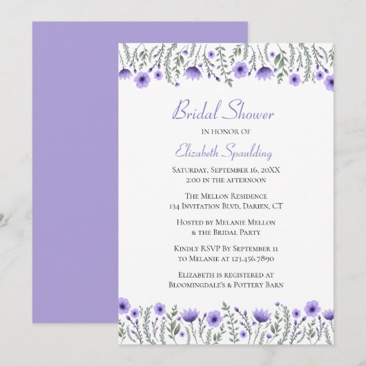 Invitation Lavande Purple Aquarelle Fête des mariées florale (Devant / Derrière)