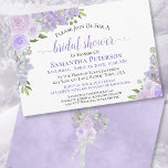 Invitation Lavande Purple Aquarelle Fête des mariées florale<br><div class="desc">Cette belle invitation à la douche nuptiale est à la fois rustique et élégant. Il est décoré d'aquarelles peintes à la main avec des tons rose, fleuris et verts de lavande et violet lilas. Le dos est marbré de couleur violet pâle avec un beau bouquet attaché avec un ruban et...</div>